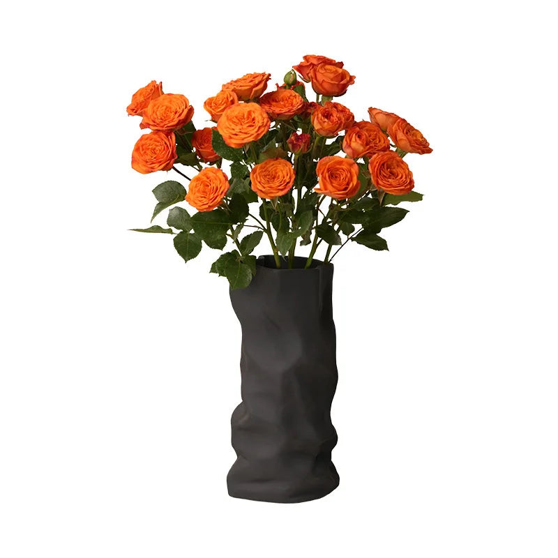 Wrinkled Ceramic Vase — Modern Sculptural Vessel for Living Room & Entryway