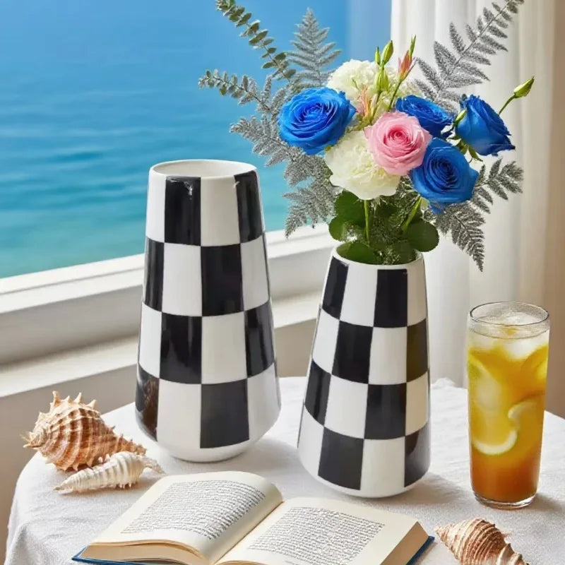 Black & White Checkered Ceramic Vase — Minimalist Statement Piece