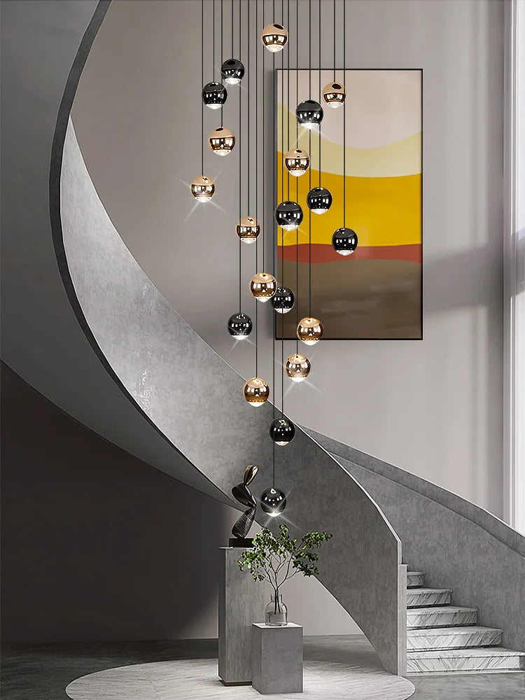 Nordic Circular Staircase Chandelier — Gold & Black Villa Pendant Light