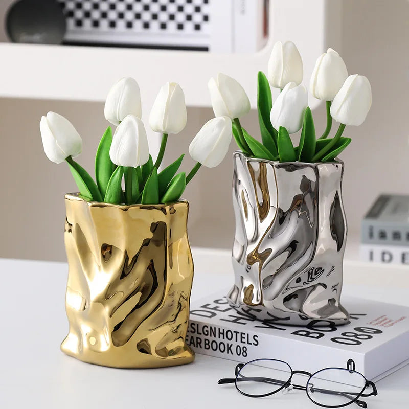 Nordic Irregular Electroplated Ceramic Vase — Modern Sculptural Accent