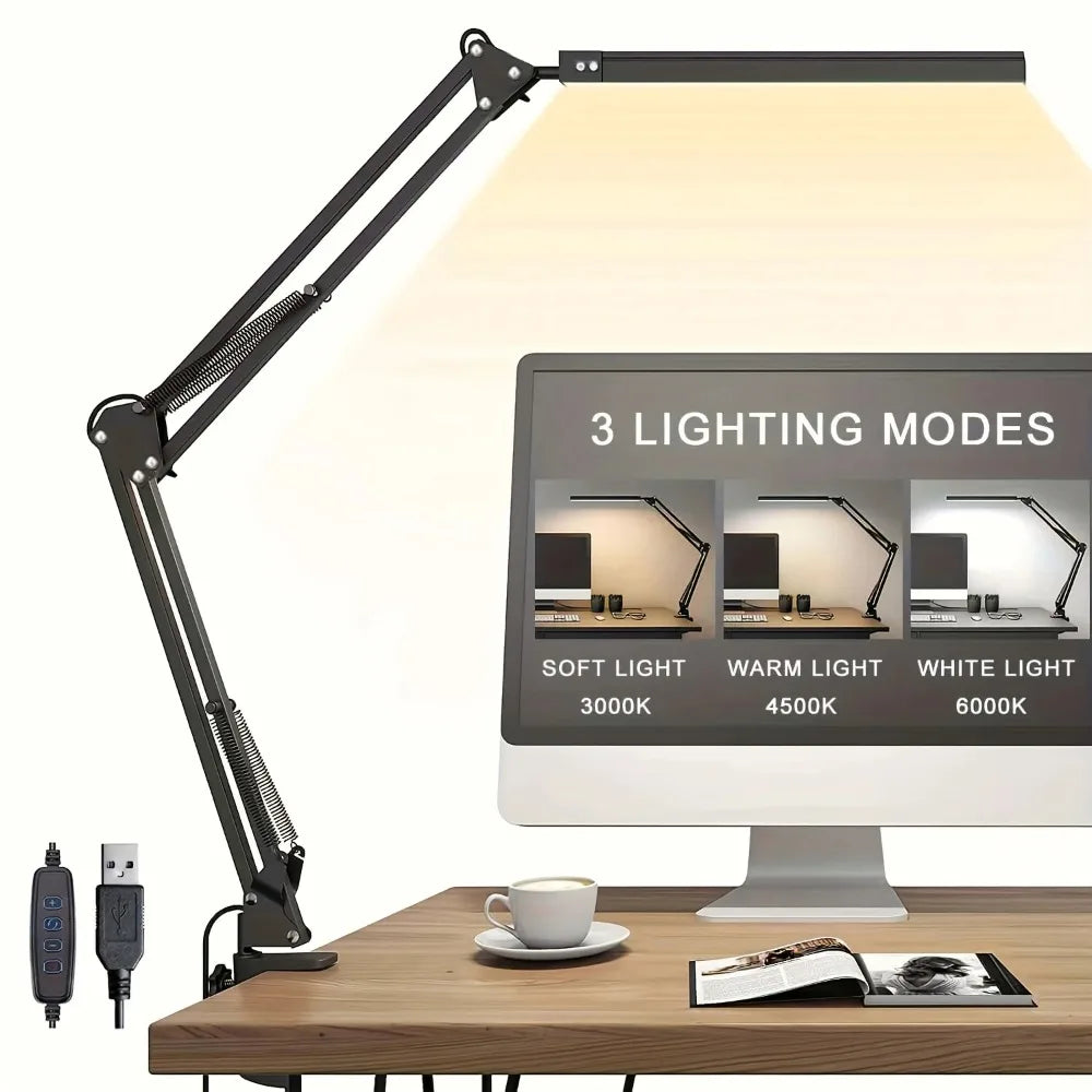 Eye-Care Clamp Desk Lamp — Adjustable Reading Light with 10 Brightness Levels