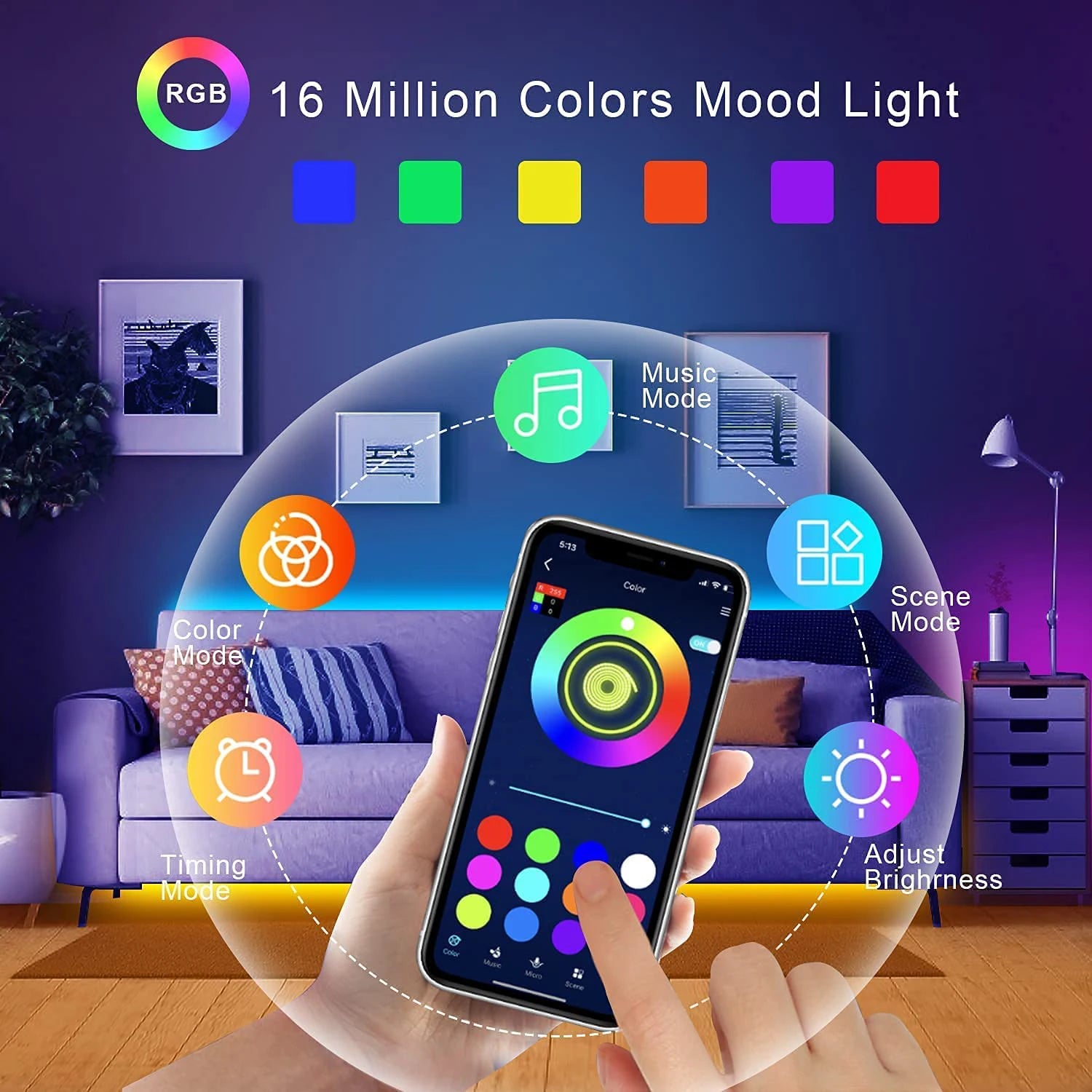 RGB LED Strip Lights — Music Sync App & Remote Controlled Ambient Strip