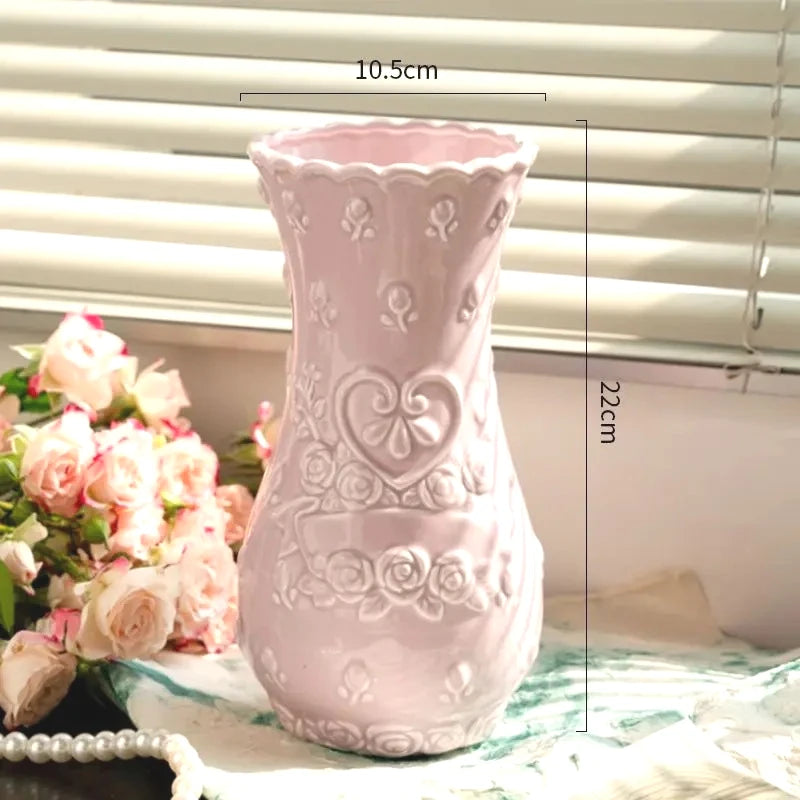 European Relief Rose Ceramic-Look Vase — Retro Living Room Ornament