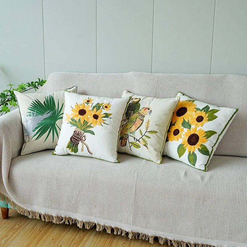 Embroidered Sunflower Pillow Cover — Jacquard Woven Cushion for Bay Window