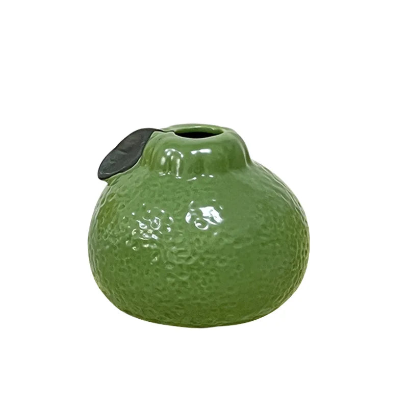 Glazed Green & Orange Ceramic Fruit Vase — Tabletop Centerpiece