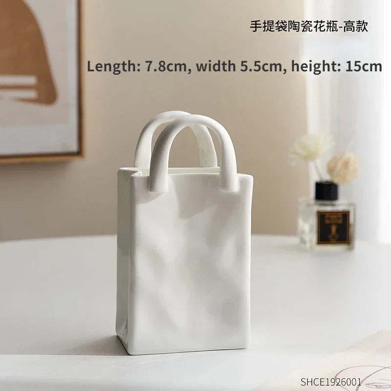Nordic Handbag-Shaped Ceramic Vase — Novelty Dried Flower Vessel