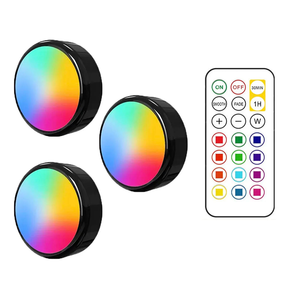RGBW LED Puck Light Kit — 16-Color Remote Control Under Cabinet Light