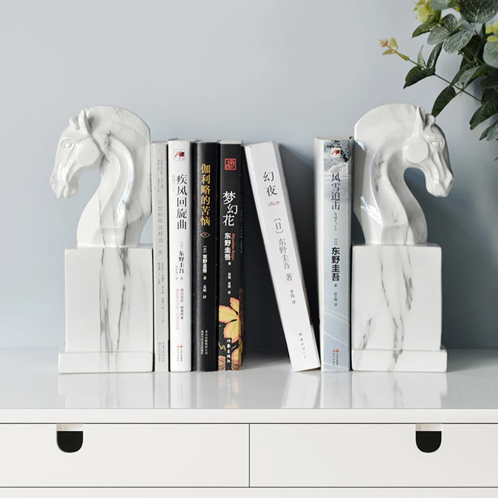 Marble-Look Horse Head Bookend — Sculptural Resin Book Stand