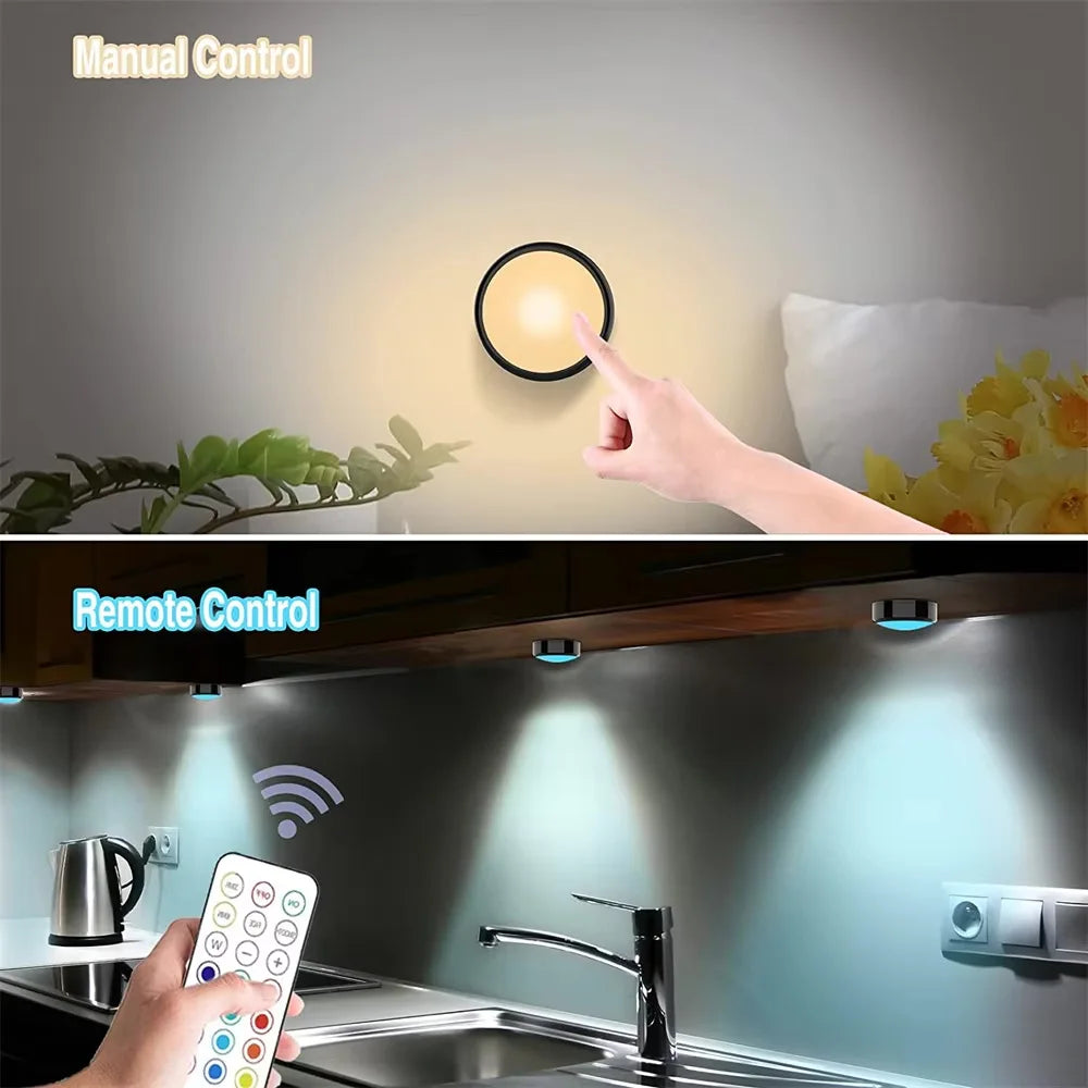 RGBW LED Puck Light Kit — 16-Color Remote Control Under Cabinet Light