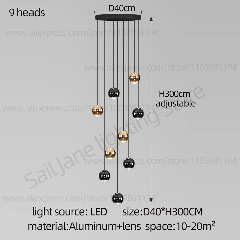 Nordic Circular Staircase Chandelier — Gold & Black Villa Pendant Light