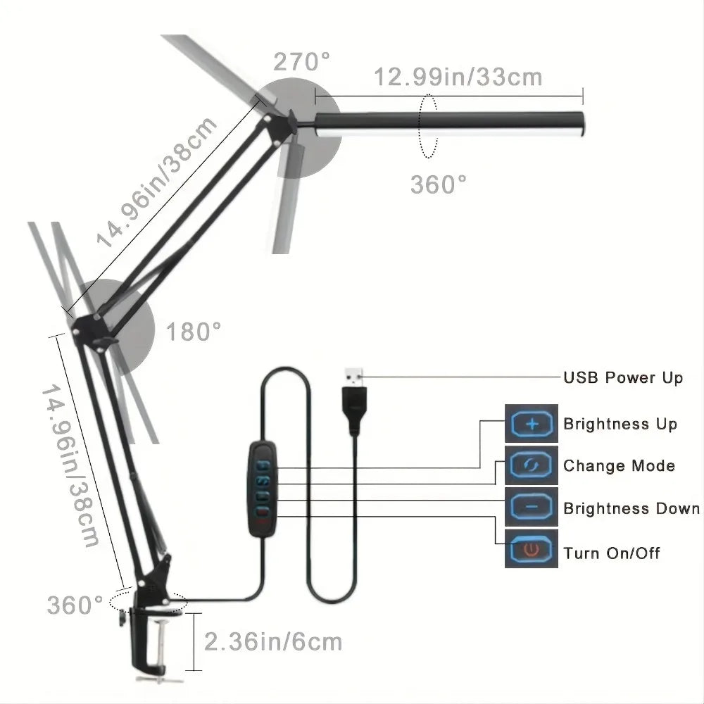 Eye-Care Clamp Desk Lamp — Adjustable Reading Light with 10 Brightness Levels