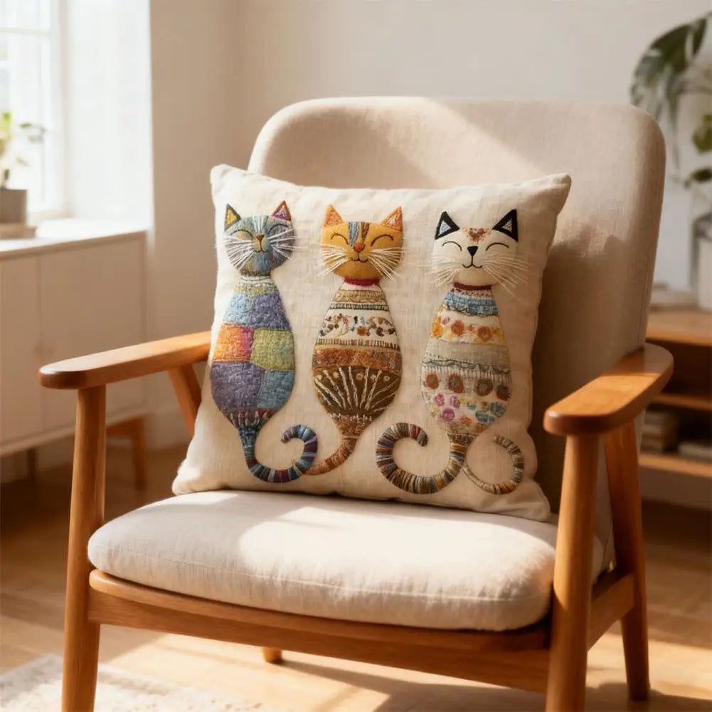 Cat-Patterned Pillow Cover — Playful 2D Print Sofa Cushion