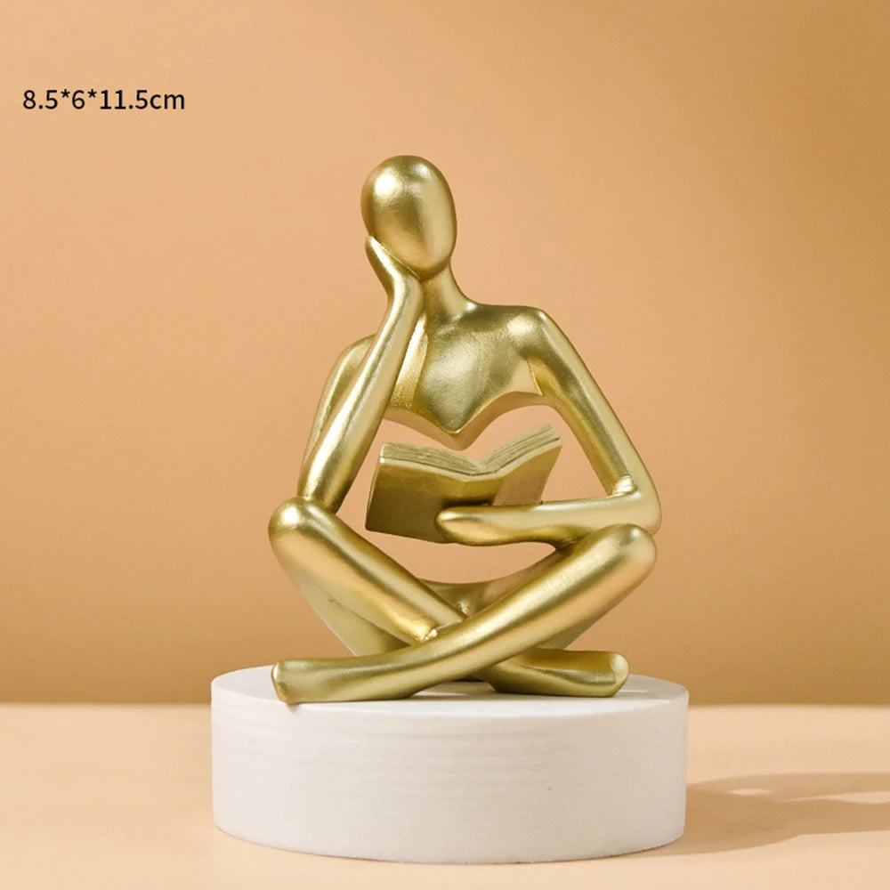 Reading Thinker Figurine — Abstract Resin Sculpture for Bookshelf
