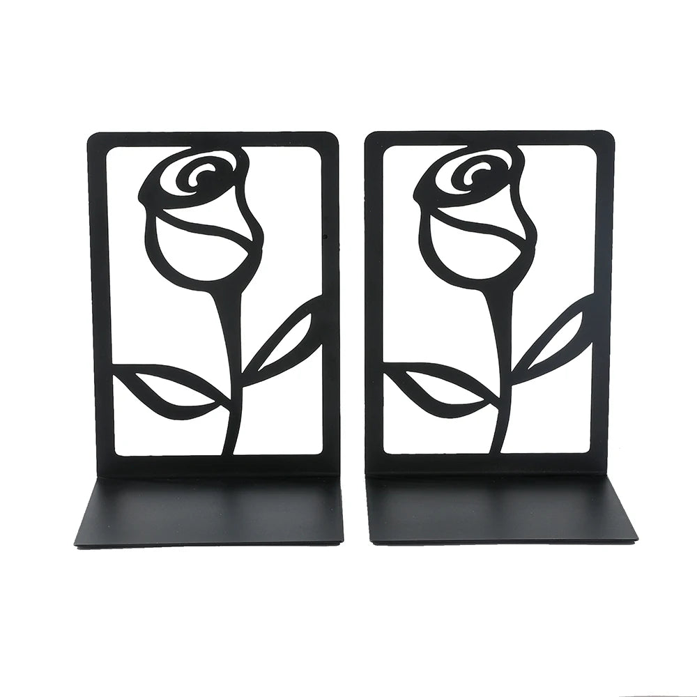 Rose Hollow Metal Bookends — Decorative Heavy-Duty Book Supports