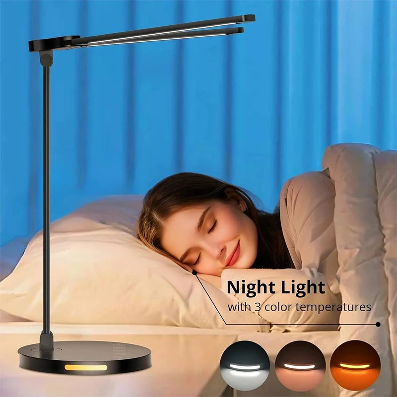 Dual-Head Folding LED Desk Lamp — 5-Color Touch Control with USB Charging