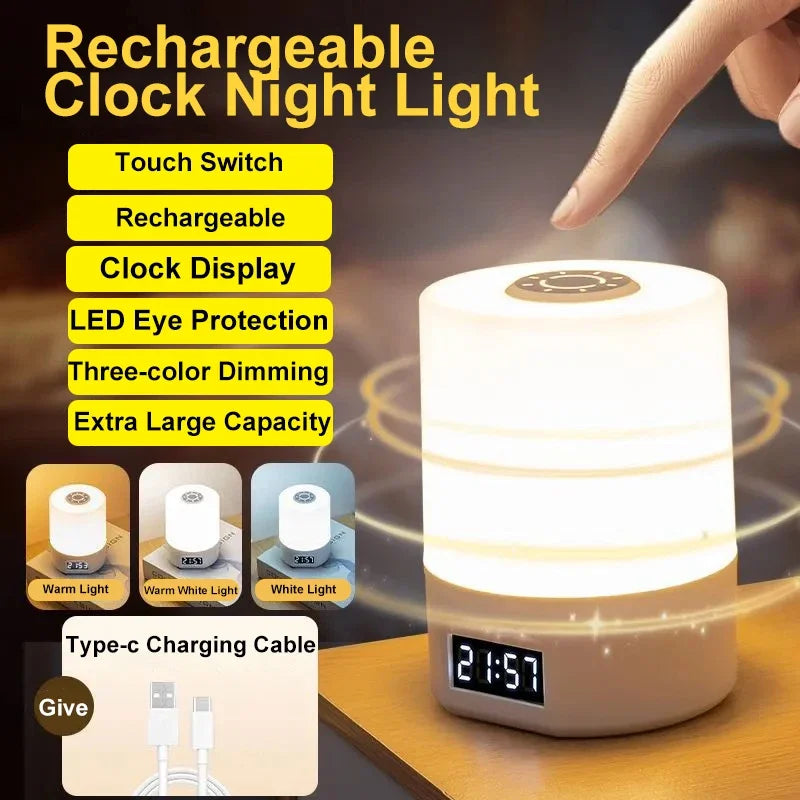 Touch-Control Desk Lamp with Calendar Clock — Dimmable Rechargeable Light