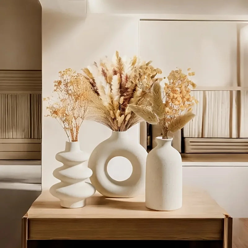 Bohemian White Ceramic Vase Set (3-Piece) — Textured Home Decor