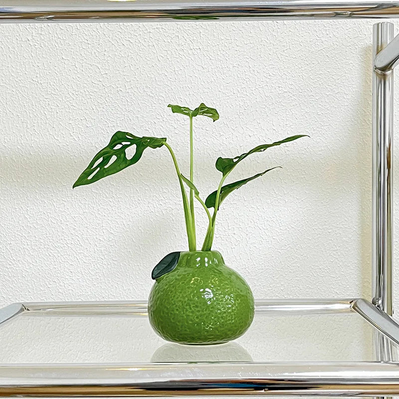 Glazed Green & Orange Ceramic Fruit Vase — Tabletop Centerpiece