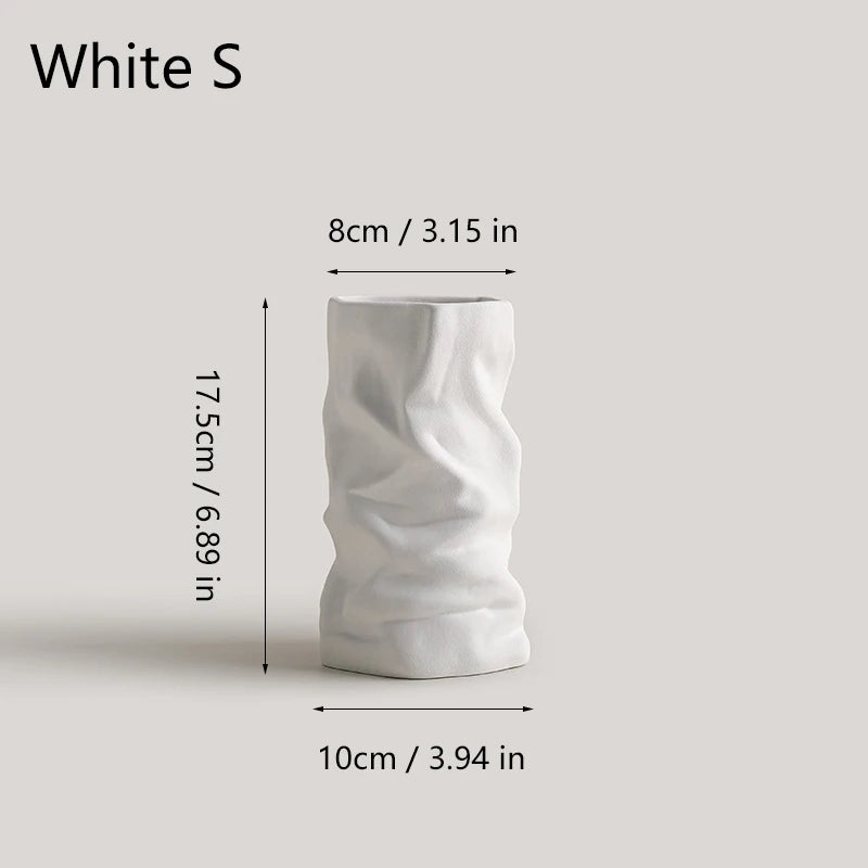 Wrinkled Ceramic Vase — Modern Sculptural Vessel for Living Room & Entryway