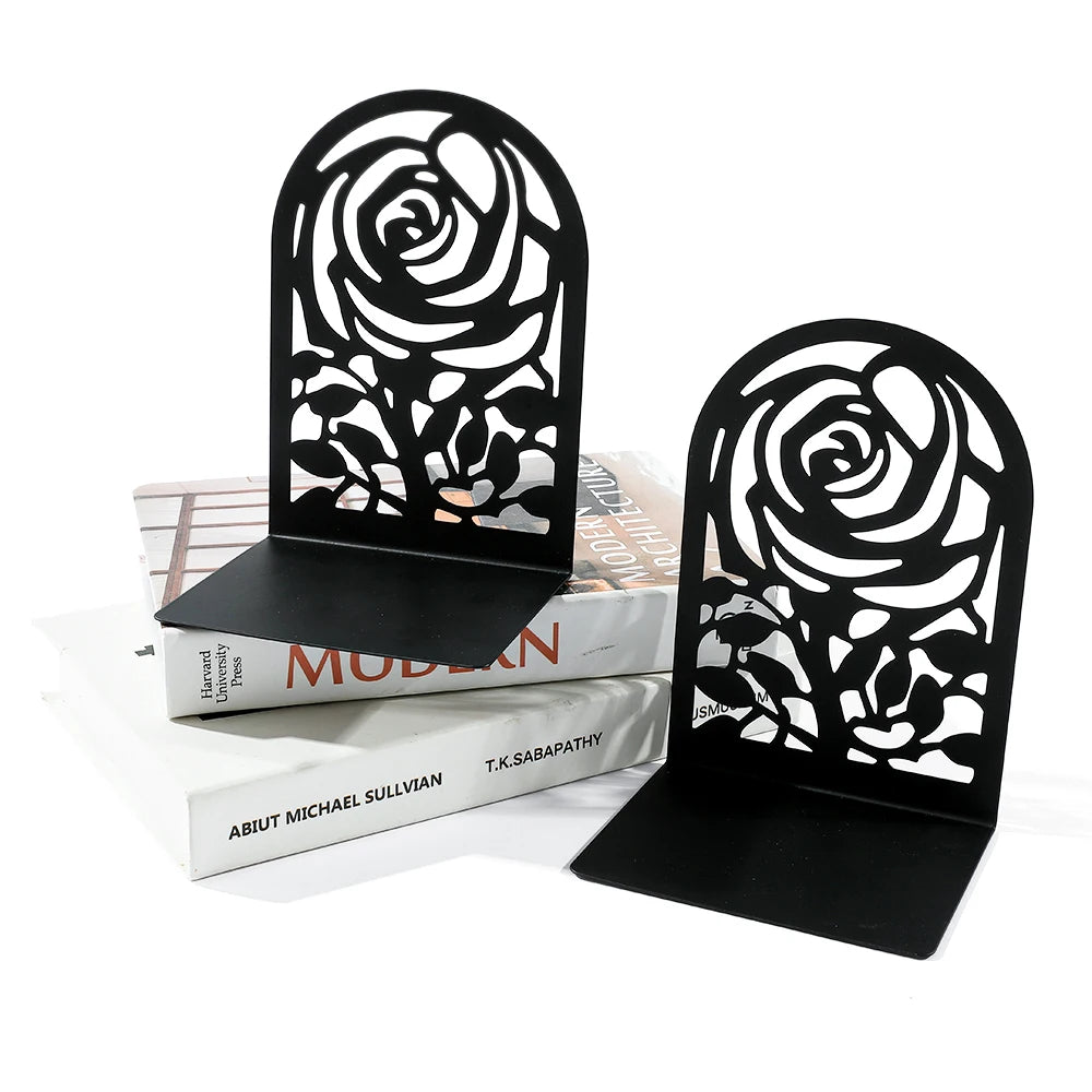Rose Hollow Metal Bookends — Decorative Heavy-Duty Book Supports