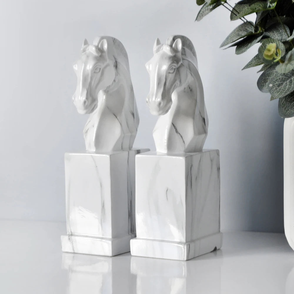 Marble-Look Horse Head Bookend — Sculptural Resin Book Stand