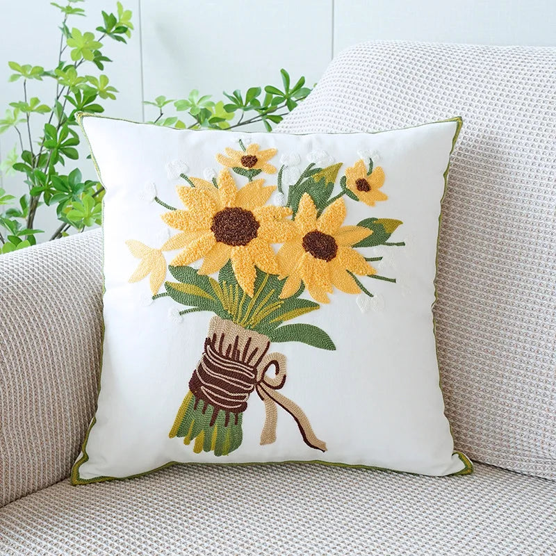 Embroidered Sunflower Pillow Cover — Jacquard Woven Cushion for Bay Window
