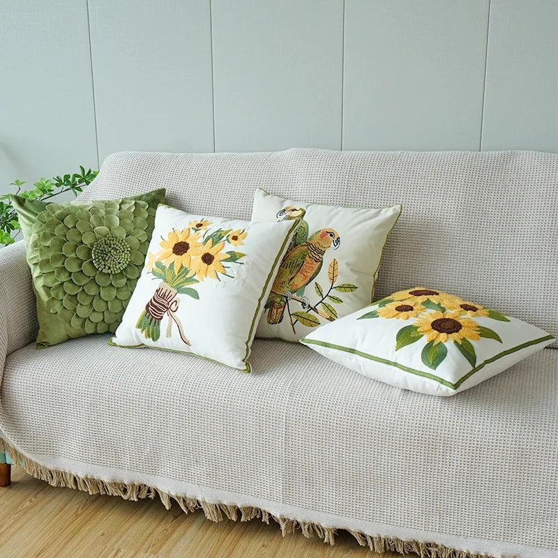 Embroidered Sunflower Pillow Cover — Jacquard Woven Cushion for Bay Window