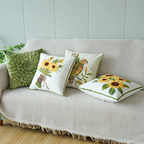 Embroidered Sunflower Pillow Cover — Jacquard Woven Cushion for Bay Window