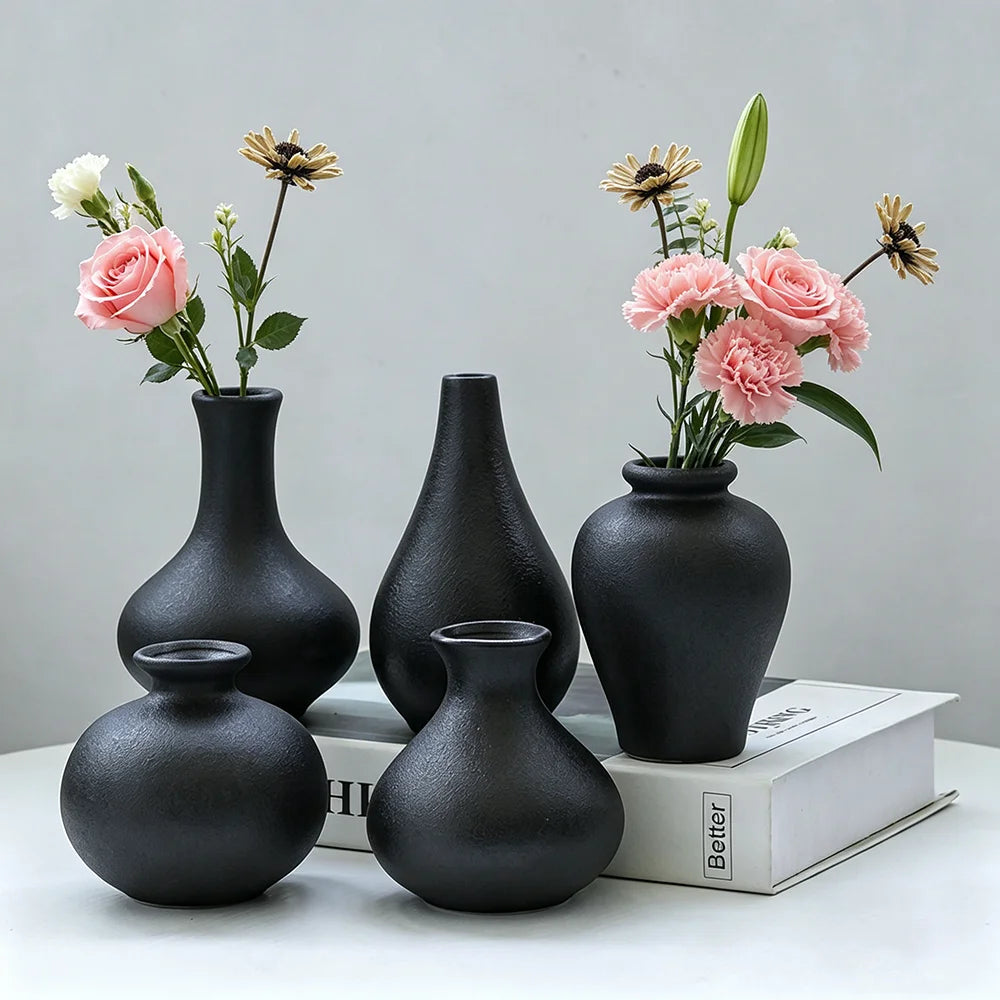 Matte Black Ceramic Vase Set (5-Piece) — Modern Minimalist Centerpieces